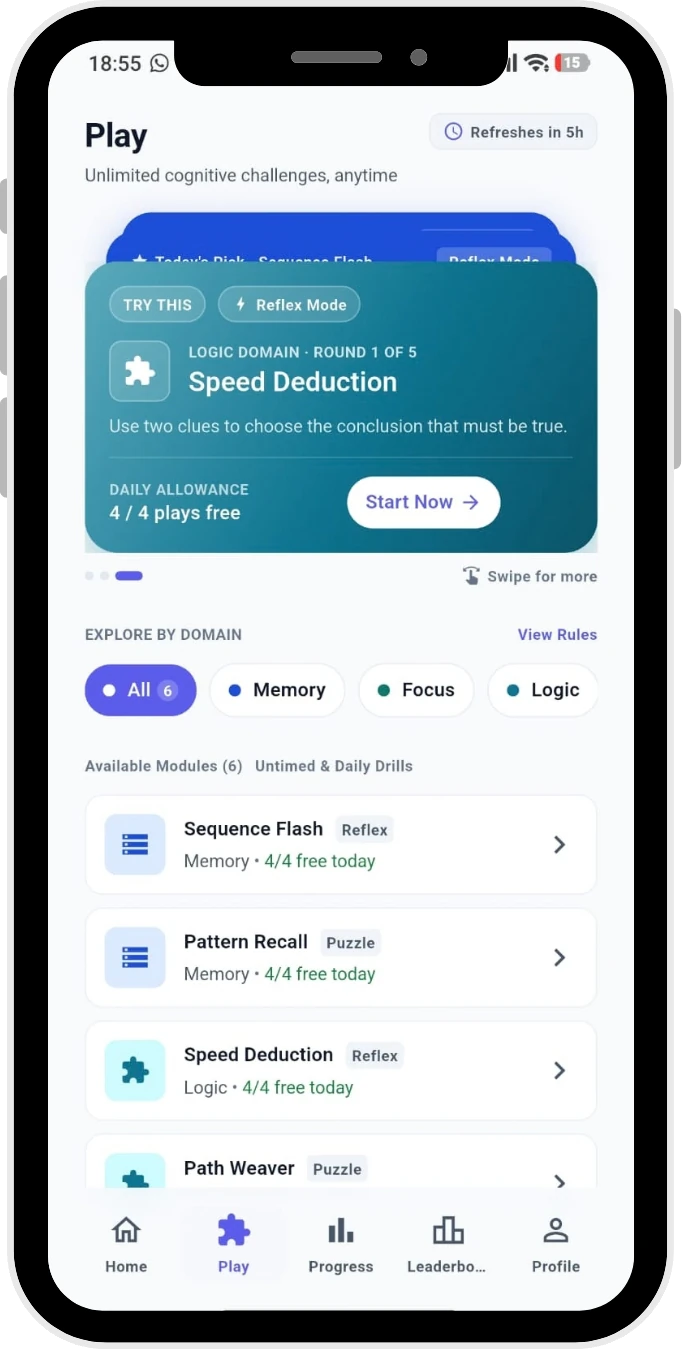 ActiFlect Play tab showing a featured Speed Deduction challenge, domain filters for Memory, Focus and Logic, and a list of available modules with free plays remaining